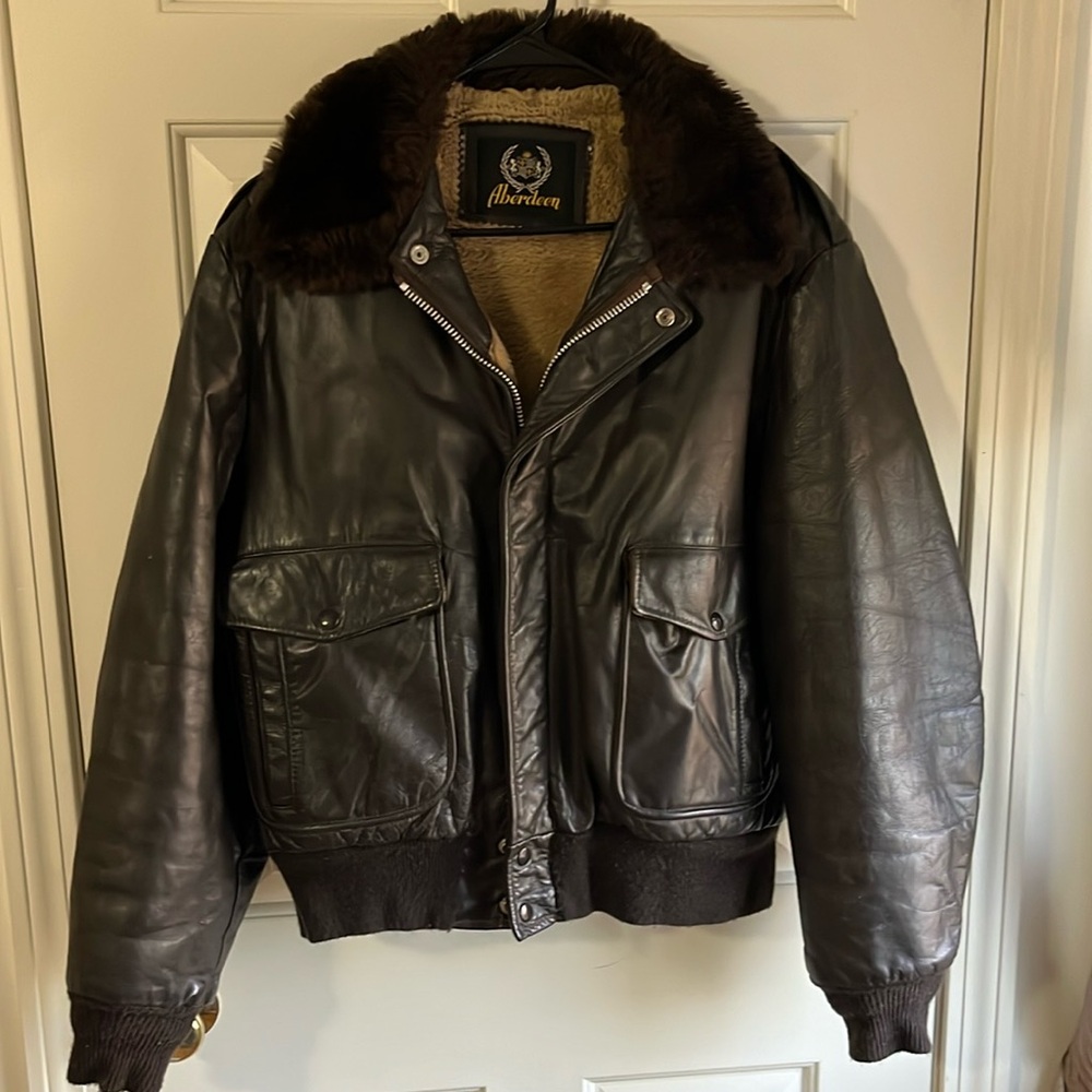 Vintage Aberdeen size 46 leather flight jacket with pho fur collar and liner.
